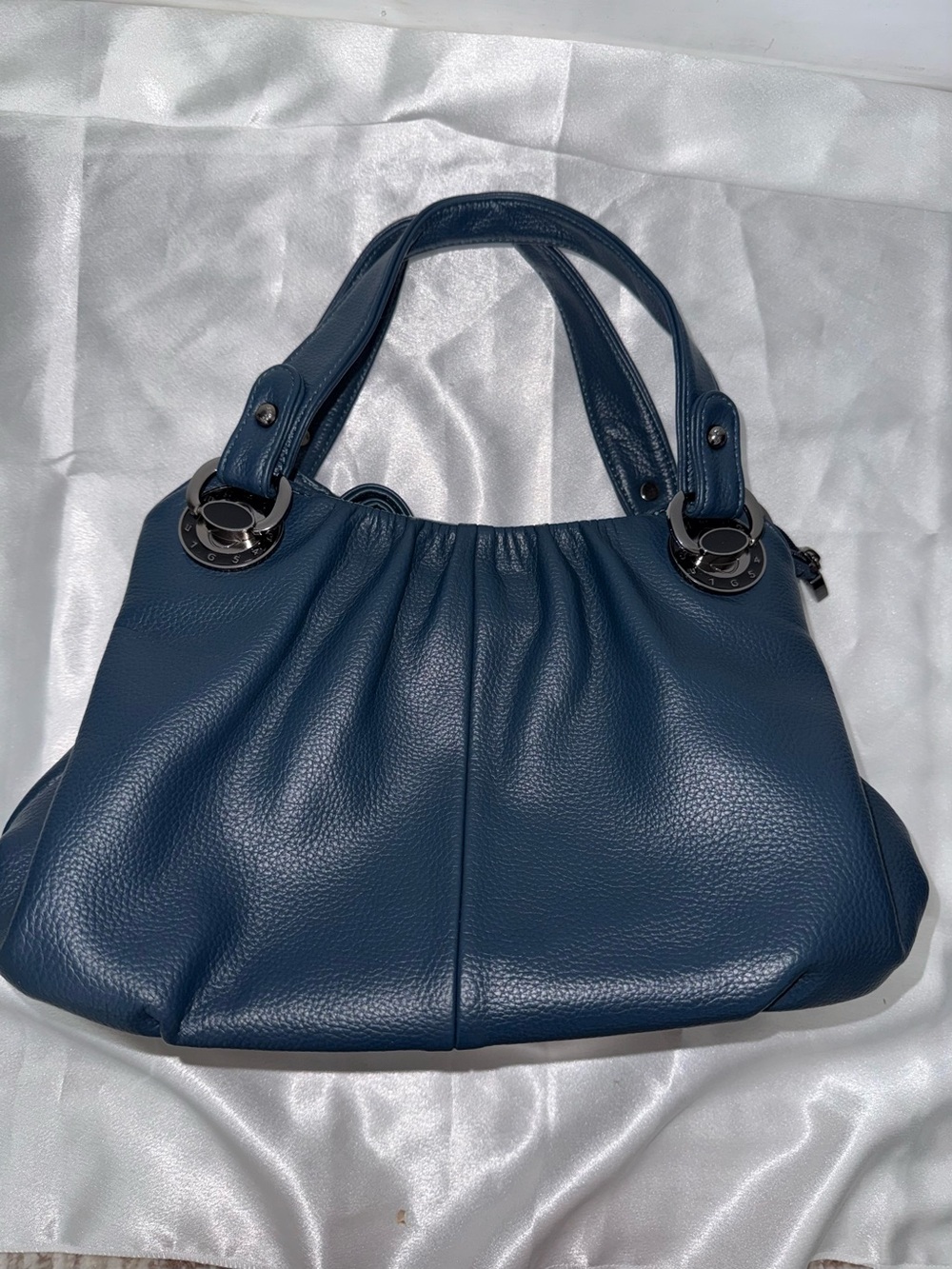 Pebbled Navy Leather Shoulder Bag with Ring Hardware